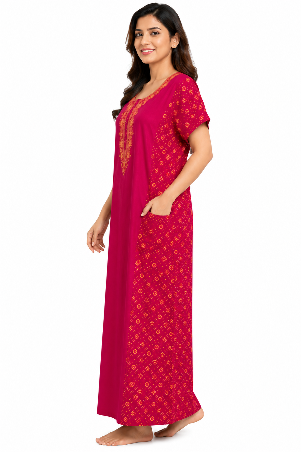 VL Shopping Women's Pure Cotton Nighty | Copper Embroidery Model | Front Zip | Front Pocket | Full Length Night Gown | XXL Size | 55 Inches | Maroon Pink - Image 3