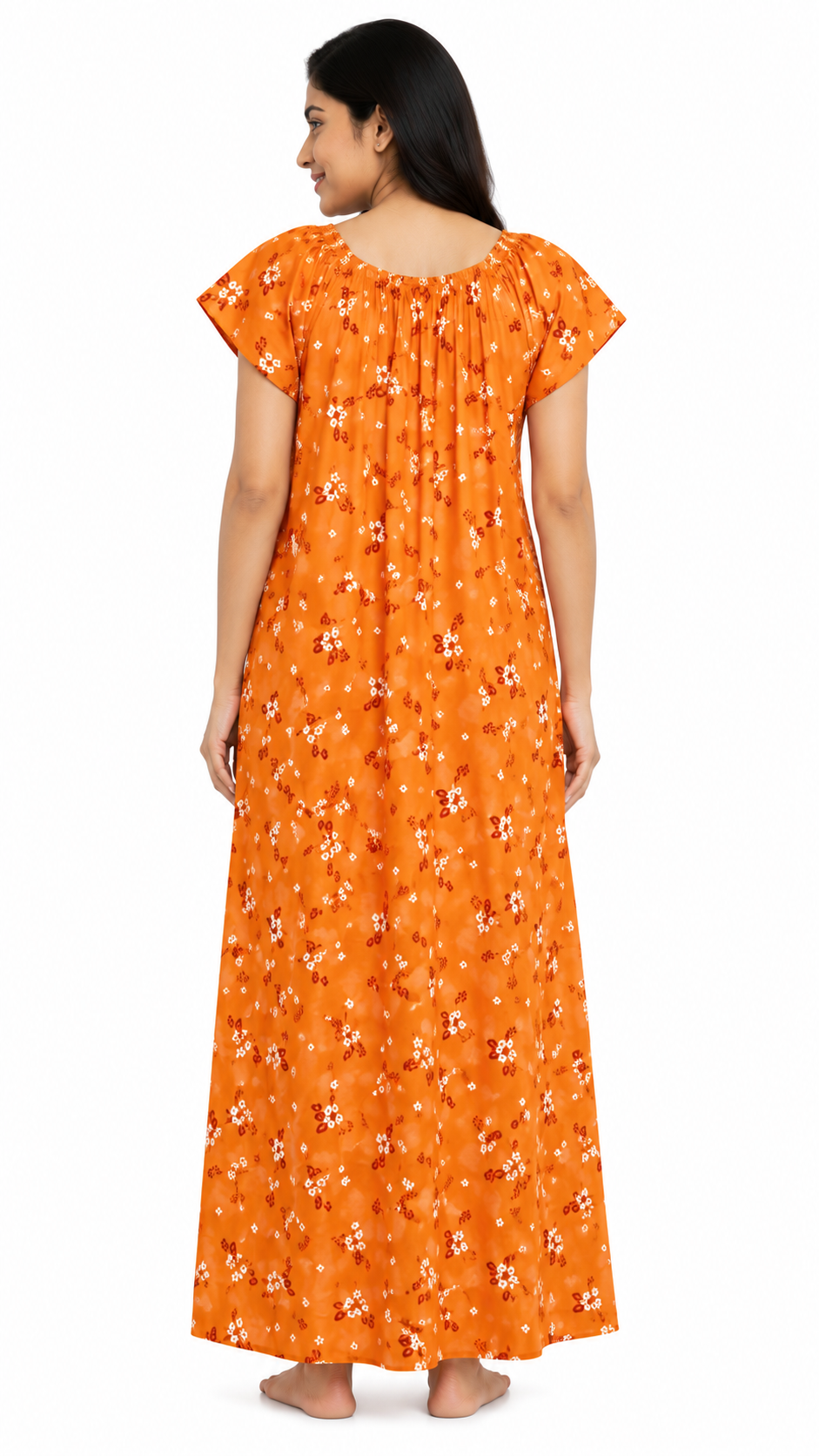 Premium Pure Cotton Nighty for Women | Orange Floral Print | XXL Size | Full Length 56" | Elastic Neck | Side Pocket | Soft & Comfortable Sleepwear - Image 6
