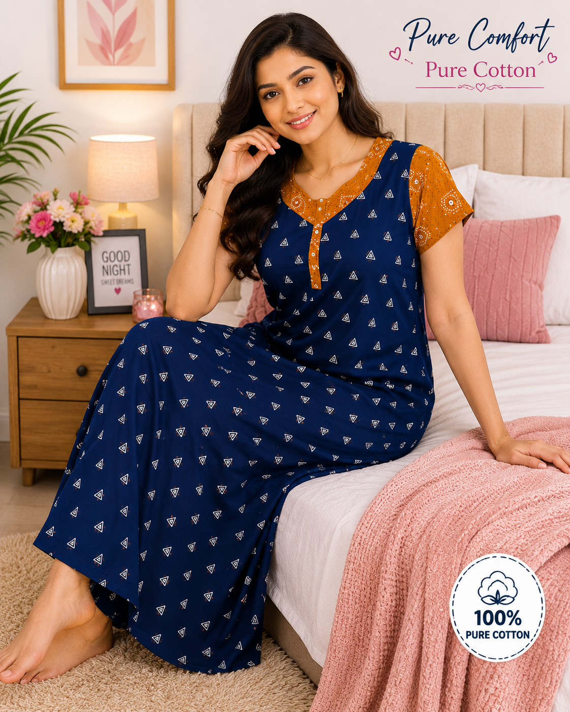 VL Shopping Premium Pure Cotton Full Length Nighty for Women | Diamond Model | 2XL Size | Side Pocket | Side Overlock Stitch | Length 54 Inches | Soft & Comfortable Daily Wear - Image 2