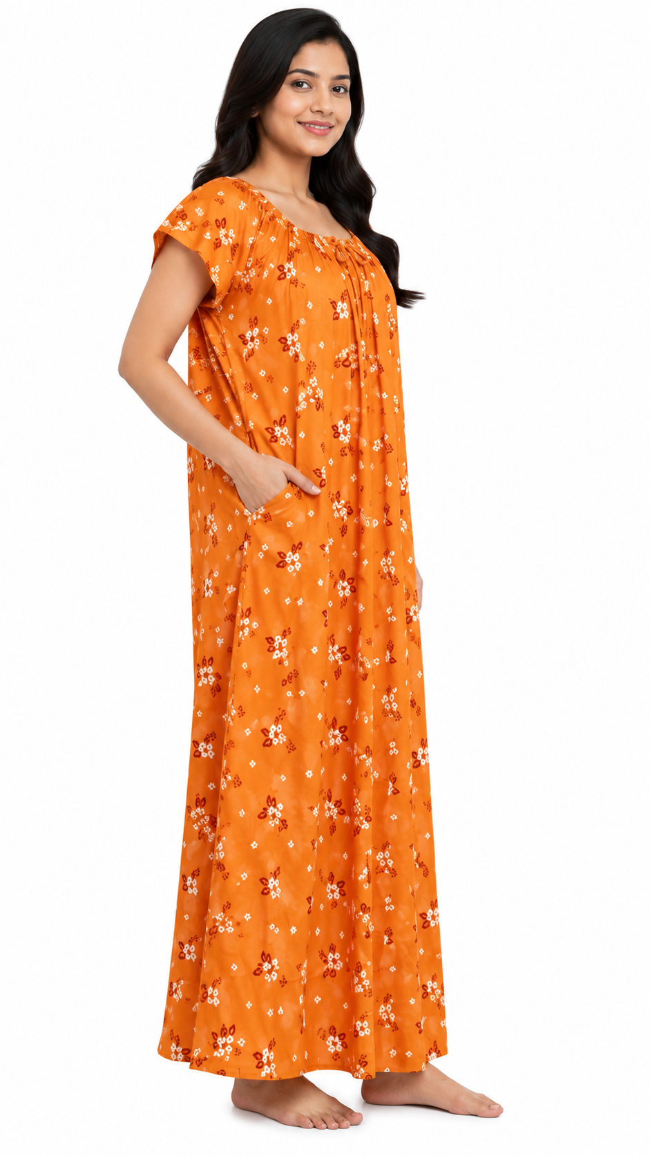 Premium Pure Cotton Nighty for Women | Orange Floral Print | XXL Size | Full Length 56" | Elastic Neck | Side Pocket | Soft & Comfortable Sleepwear - Image 4