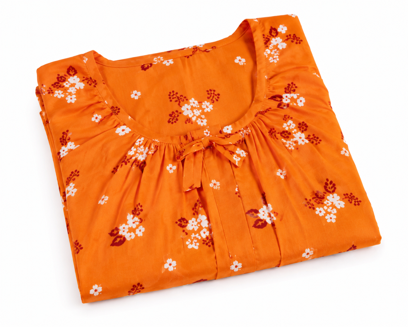 Premium Pure Cotton Nighty for Women | Orange Floral Print | XXL Size | Full Length 56" | Elastic Neck | Side Pocket | Soft & Comfortable Sleepwear - Image 3
