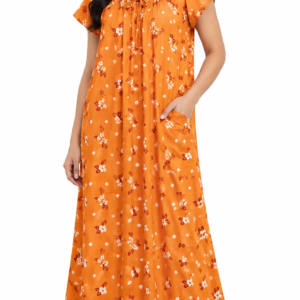 Premium Pure Cotton Nighty for Women | Orange Floral Print | XXL Size | Full Length 56" | Elastic Neck | Side Pocket | Soft & Comfortable Sleepwear