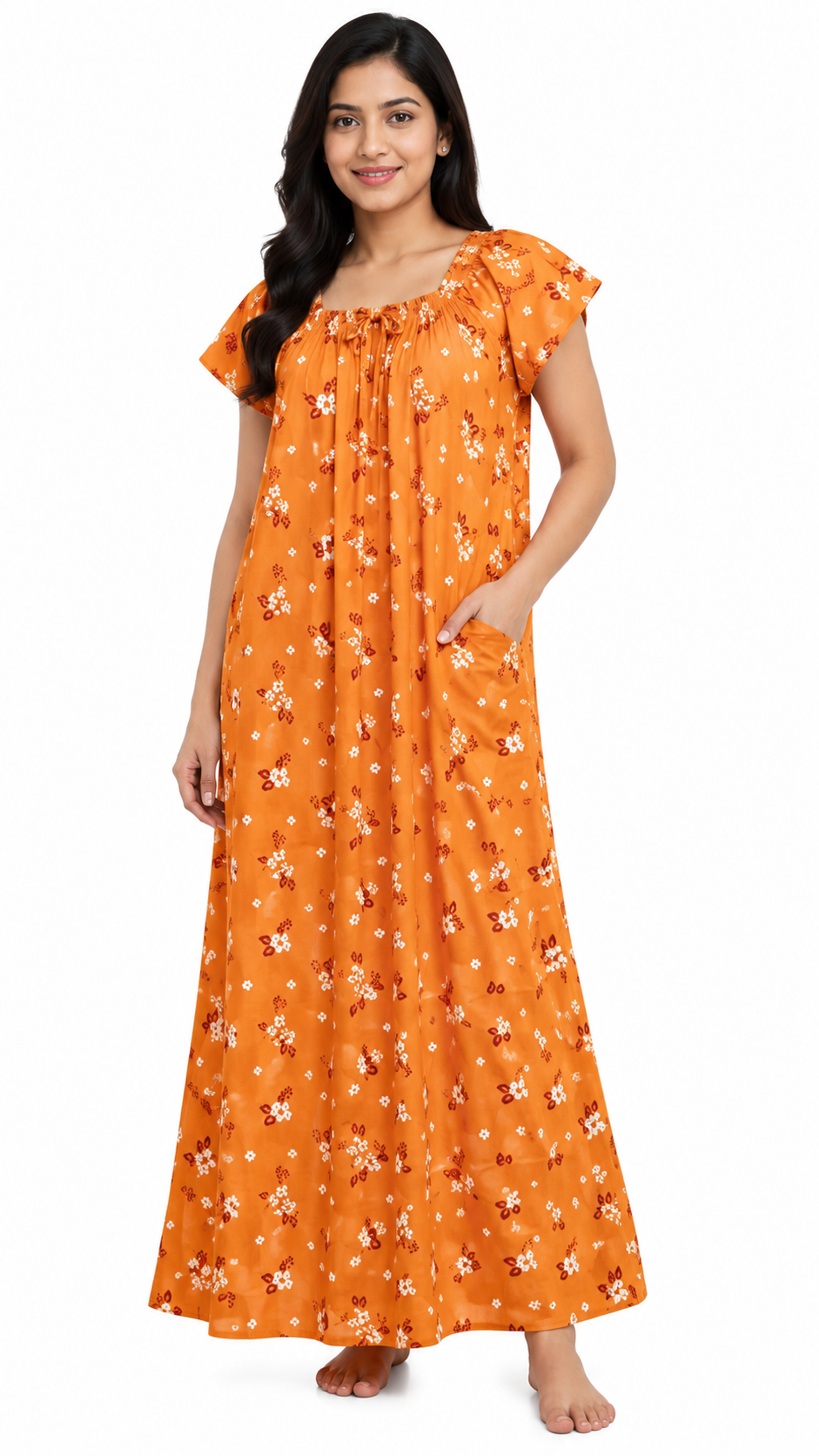 Premium Pure Cotton Nighty for Women | Orange Floral Print | XXL Size | Full Length 56" | Elastic Neck | Side Pocket | Soft & Comfortable Sleepwear