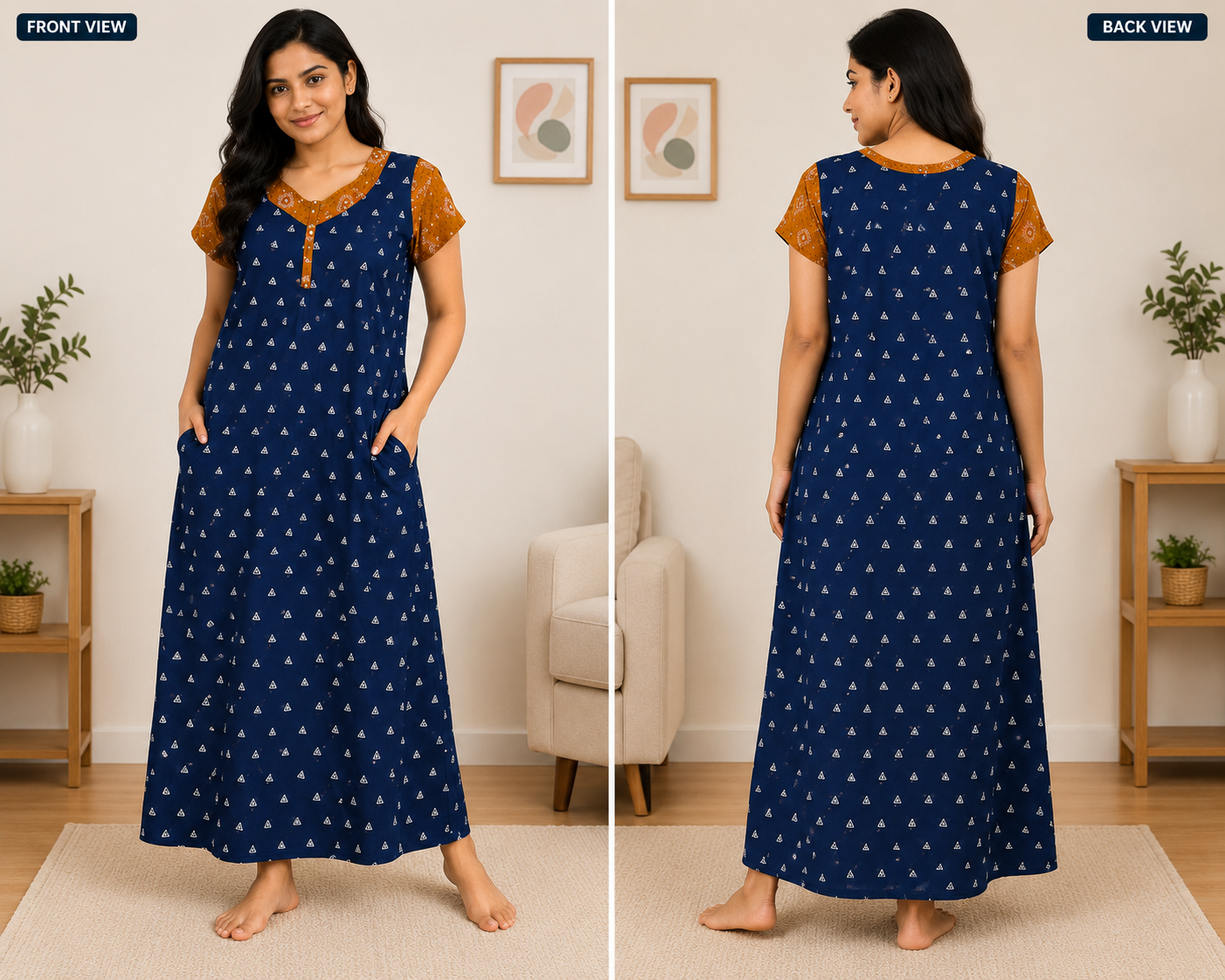 VL Shopping Premium Pure Cotton Full Length Nighty for Women | Diamond Model | 2XL Size | Side Pocket | Side Overlock Stitch | Length 54 Inches | Soft & Comfortable Daily Wear - Image 4