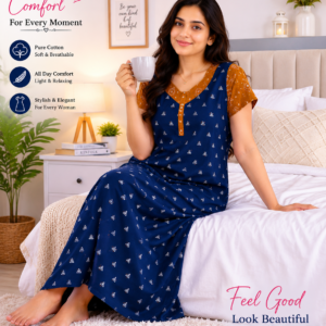 VL Shopping Premium Pure Cotton Full Length Nighty for Women | Diamond Model | 2XL Size | Side Pocket | Side Overlock Stitch | Length 54 Inches | Soft & Comfortable Daily Wear