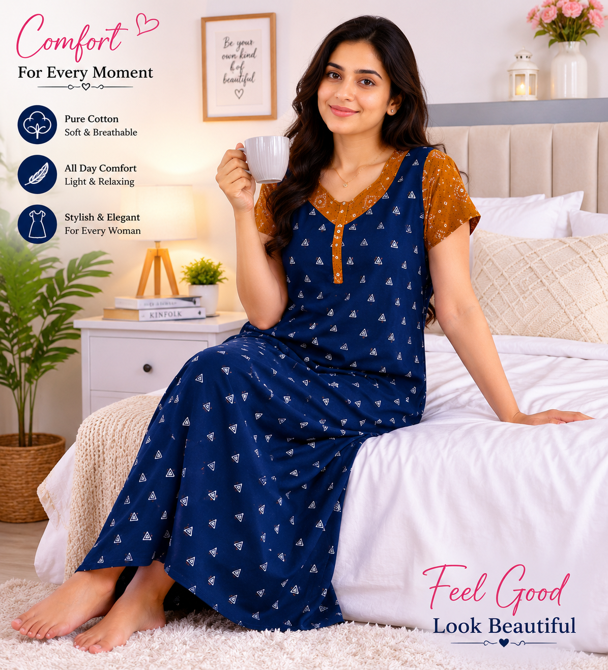 VL Shopping Premium Pure Cotton Full Length Nighty for Women | Diamond Model | 2XL Size | Side Pocket | Side Overlock Stitch | Length 54 Inches | Soft & Comfortable Daily Wear