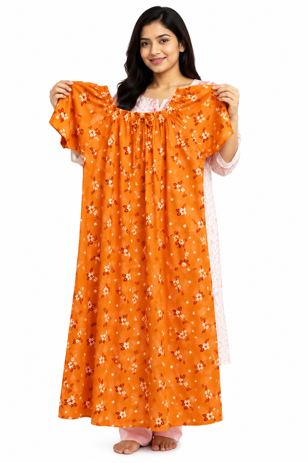 Premium Pure Cotton Nighty for Women | Orange Floral Print | XXL Size | Full Length 56" | Elastic Neck | Side Pocket | Soft & Comfortable Sleepwear - Image 5