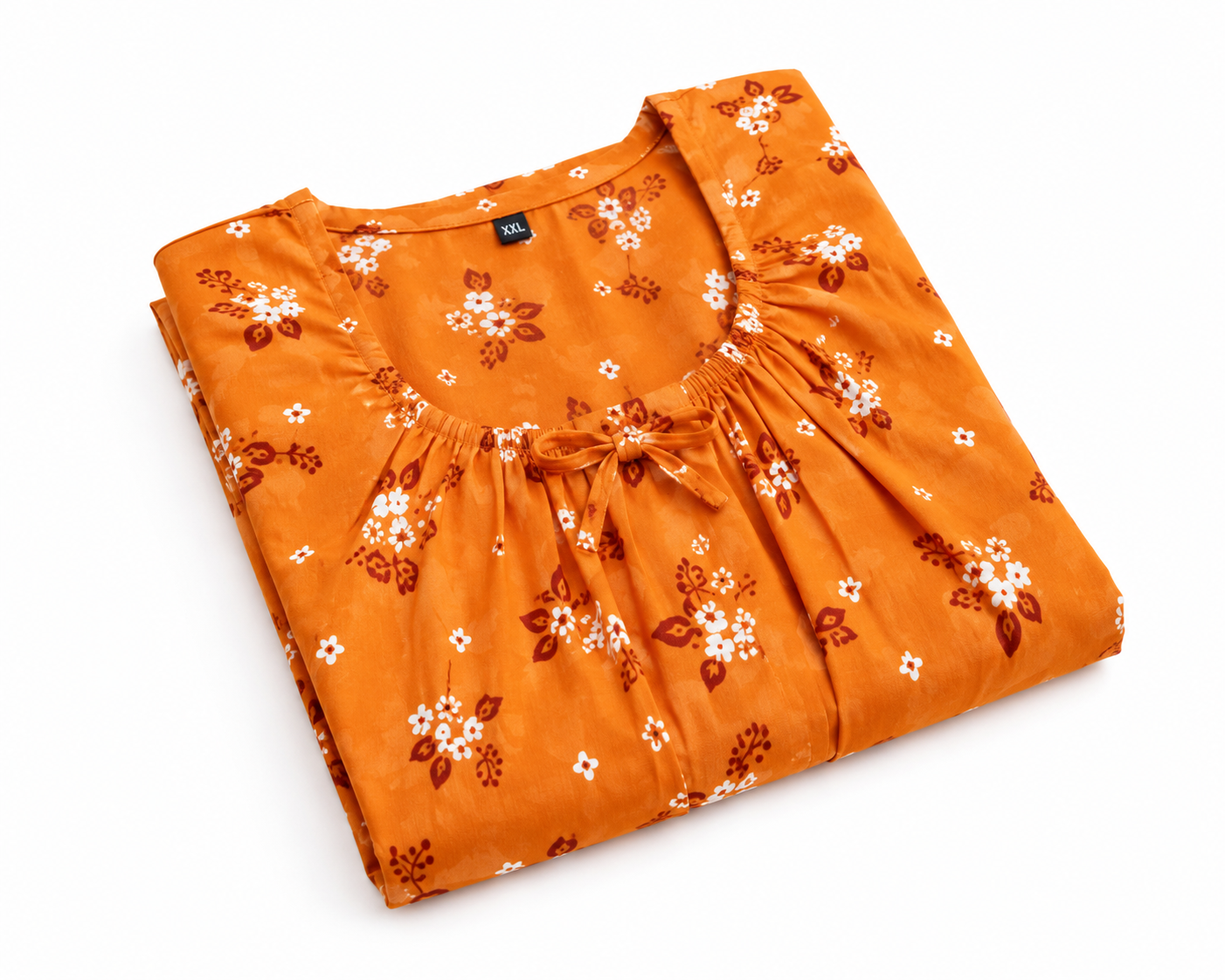 Premium Pure Cotton Nighty for Women | Orange Floral Print | XXL Size | Full Length 56" | Elastic Neck | Side Pocket | Soft & Comfortable Sleepwear - Image 2