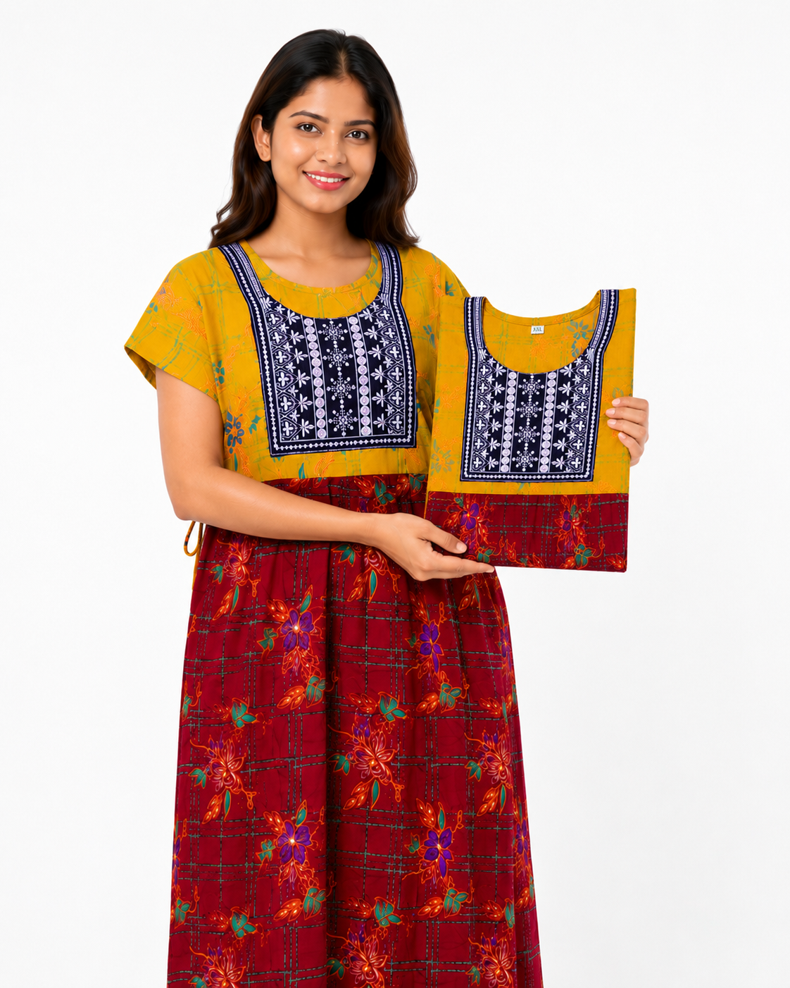 VL Shopping Women's Pure Cotton Full Length Nighty | Royal Box Mirror Work Embroidery Model | Back Side Rope | Soft & Comfortable | XXL | Length 53 Inches