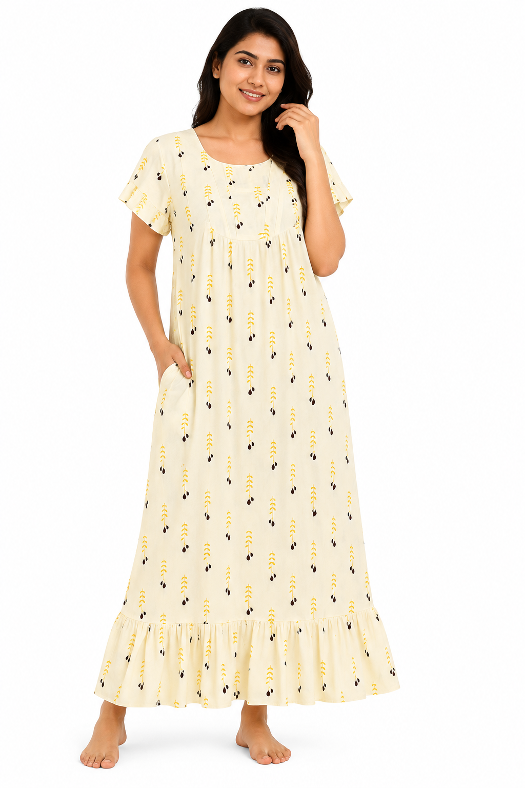 VL Shopping Women's Premium Pure Cotton Frock Nighty | Soft & Breathable | Back Rope | Side Pocket | Side Overlock Stitch | XXL | Length 49-50 Inches | Cream Yellow Print - Image 2