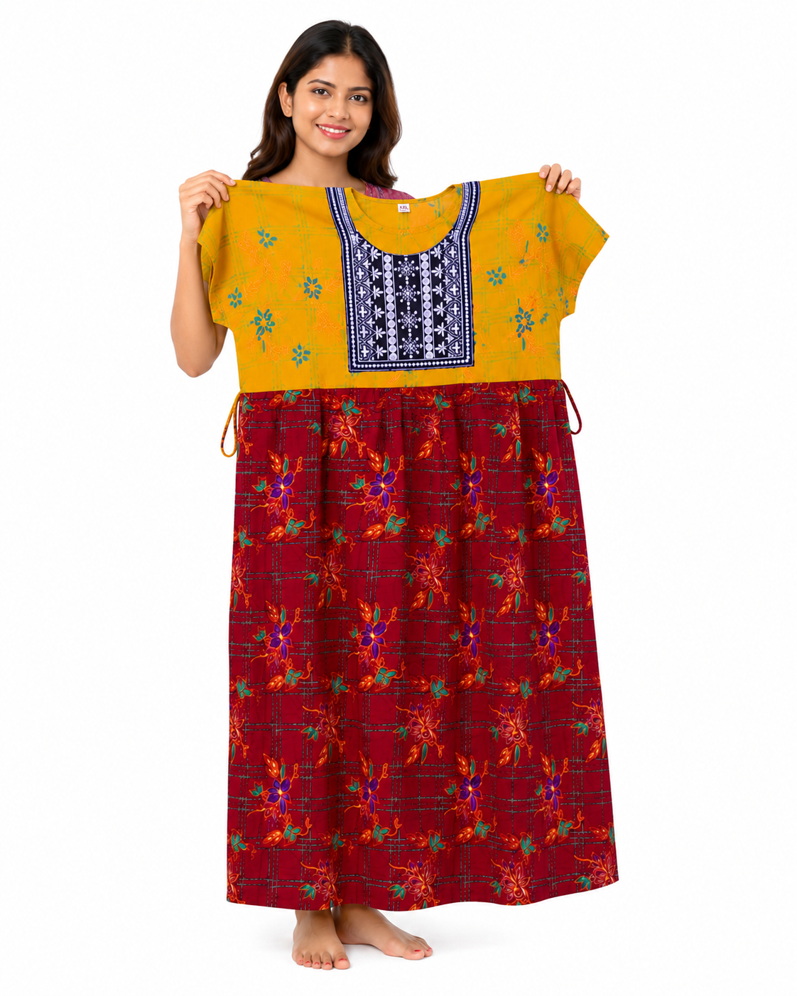 VL Shopping Women's Pure Cotton Full Length Nighty | Royal Box Mirror Work Embroidery Model | Back Side Rope | Soft & Comfortable | XXL | Length 53 Inches - Image 3