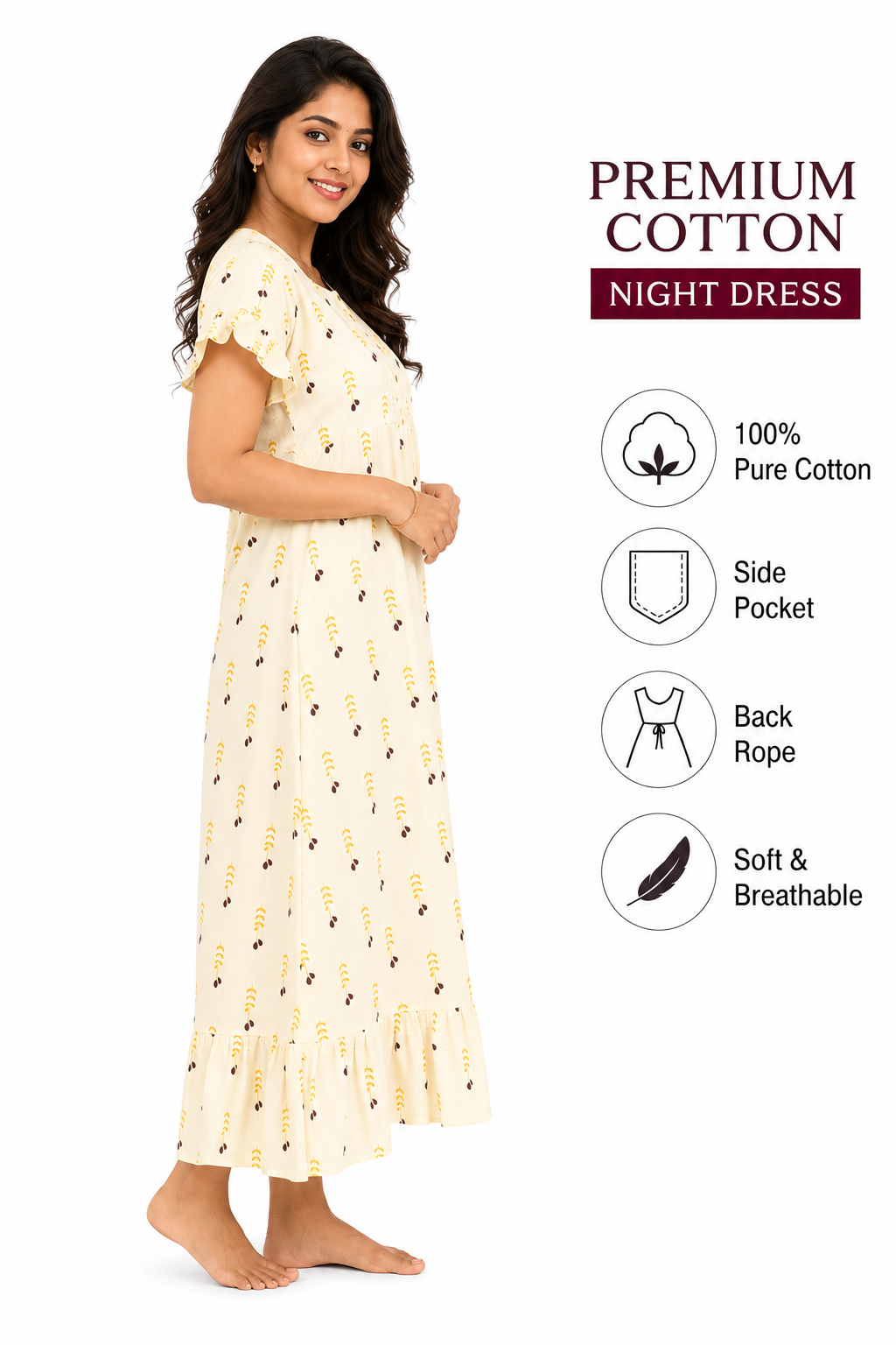VL Shopping Women's Premium Pure Cotton Frock Nighty | Soft & Breathable | Back Rope | Side Pocket | Side Overlock Stitch | XXL | Length 49-50 Inches | Cream Yellow Print - Image 4