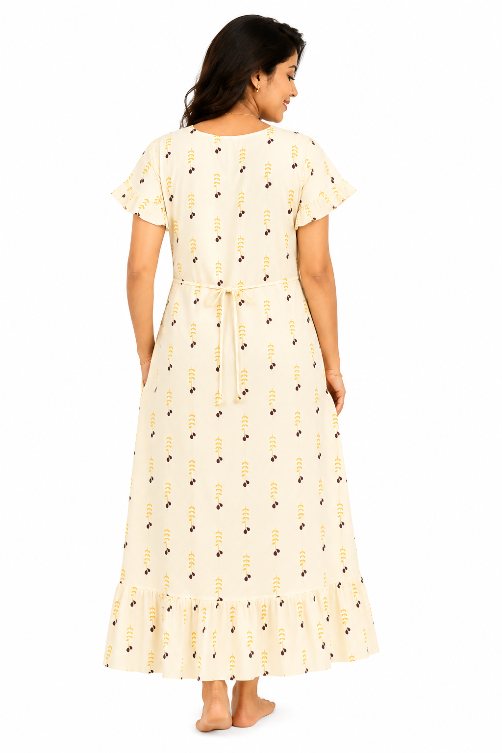 VL Shopping Women's Premium Pure Cotton Frock Nighty | Soft & Breathable | Back Rope | Side Pocket | Side Overlock Stitch | XXL | Length 49-50 Inches | Cream Yellow Print - Image 5