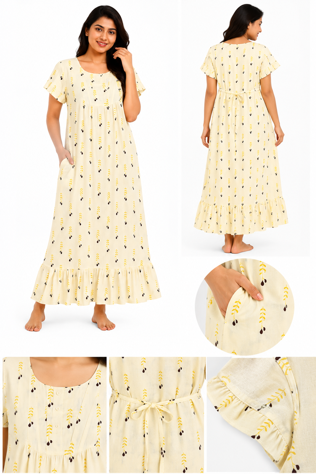 VL Shopping Women's Premium Pure Cotton Frock Nighty | Soft & Breathable | Back Rope | Side Pocket | Side Overlock Stitch | XXL | Length 49-50 Inches | Cream Yellow Print - Image 3